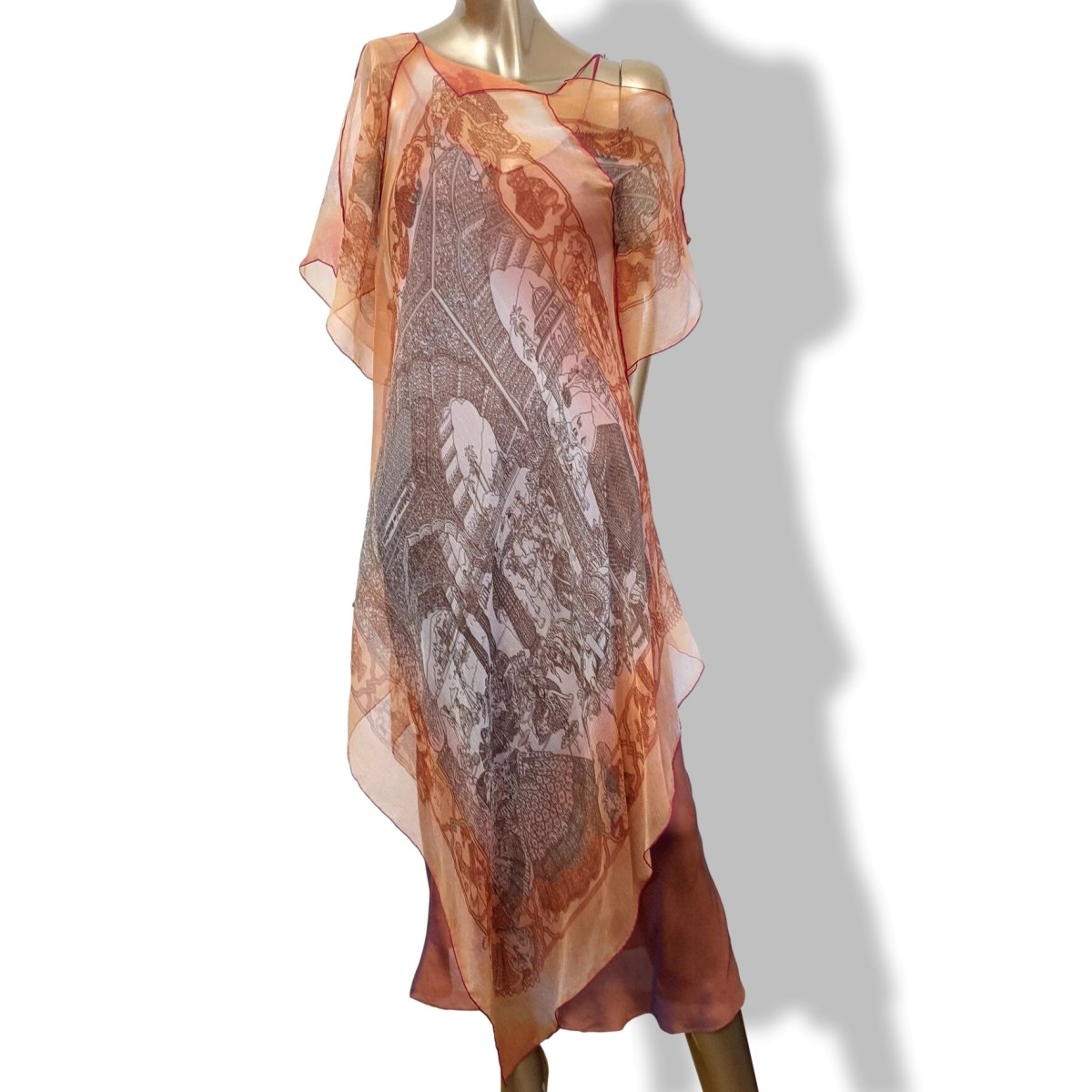 Hermes 2000s Orange/Rose Changeante SPLENDEUR DES MAHARAJAS Old Parchment Effect Mousseline Dress, RARE!