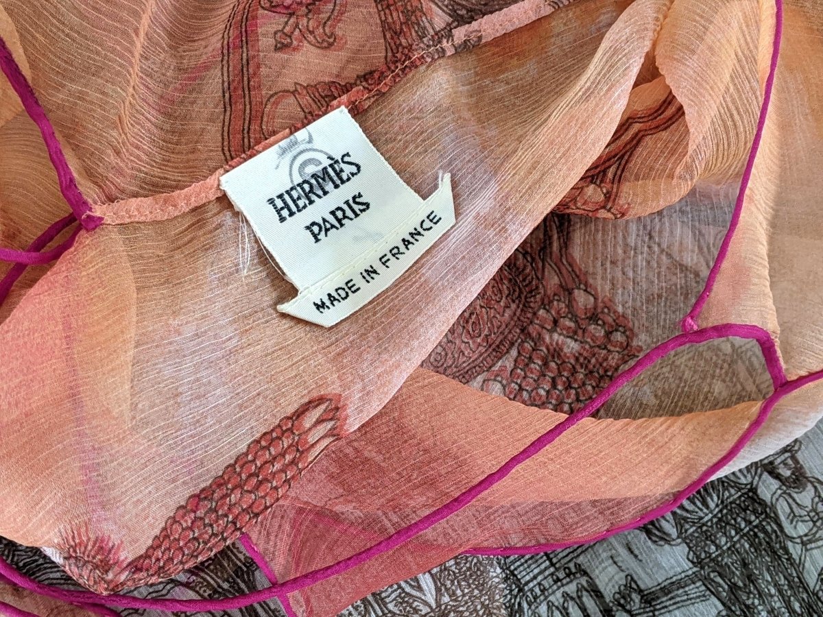 Hermes 2000s Orange/Rose Changeante SPLENDEUR DES MAHARAJAS Old Parchment Effect Mousseline Dress, RARE!