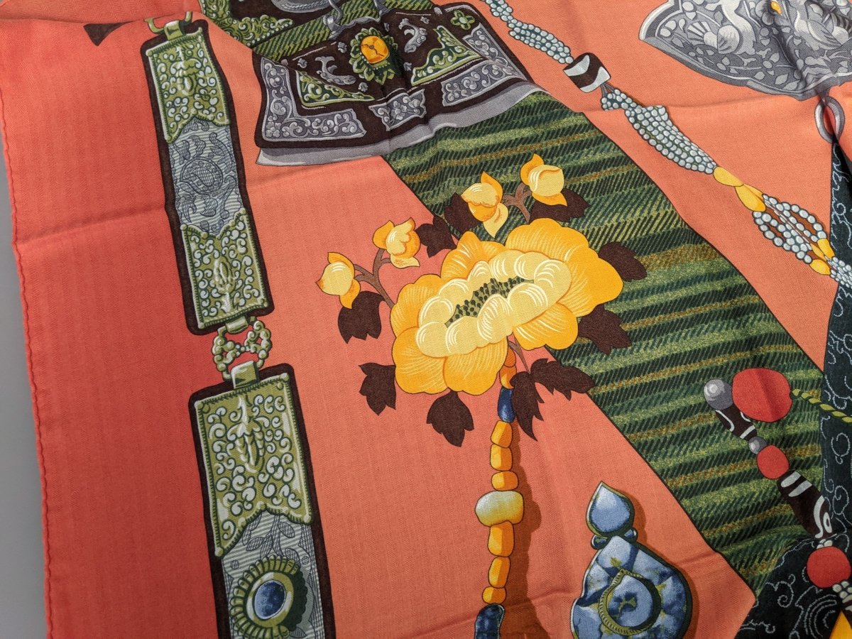 Hermes 2000s Rust Orange/Orange dégradé TIBET by Caty Latham Blanc Matt Overlay Cashmere Shawl 140, New without Tag!