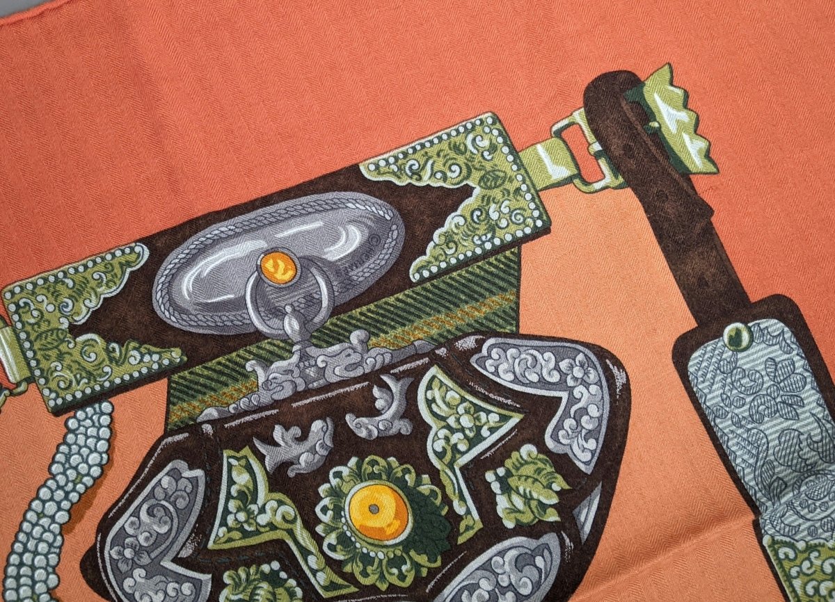 Hermes 2000s Rust Orange/Orange dégradé TIBET by Caty Latham Blanc Matt Overlay Cashmere Shawl 140, New without Tag!