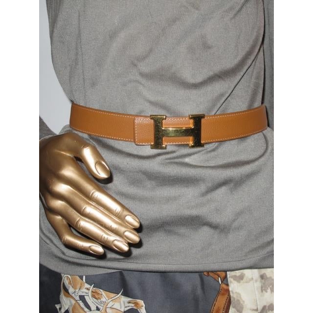 Hermes 2001 Black/Fauve/Gold H Reversible Belt Sz70