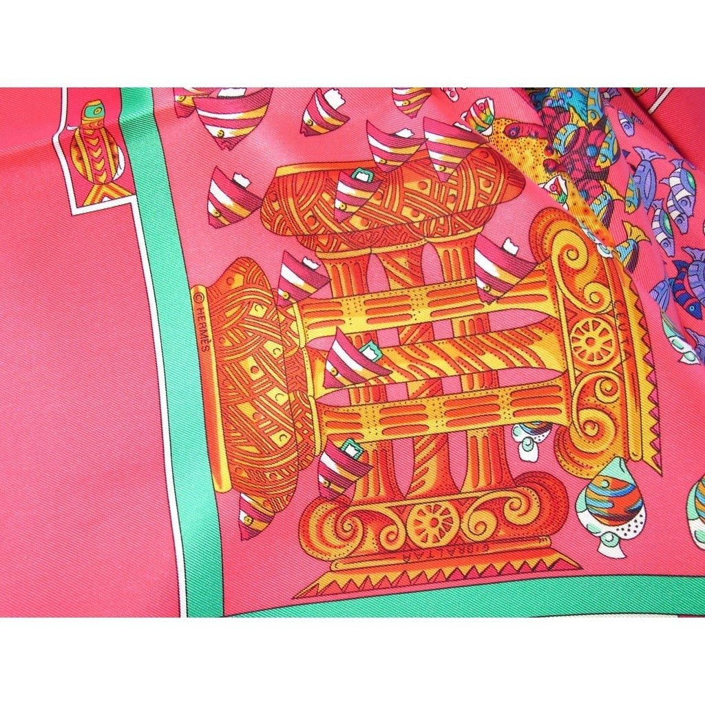 Hermes 2001 Rose Vif/Green/Blue Rencontre Oceane Twill 90, New! - poupishop