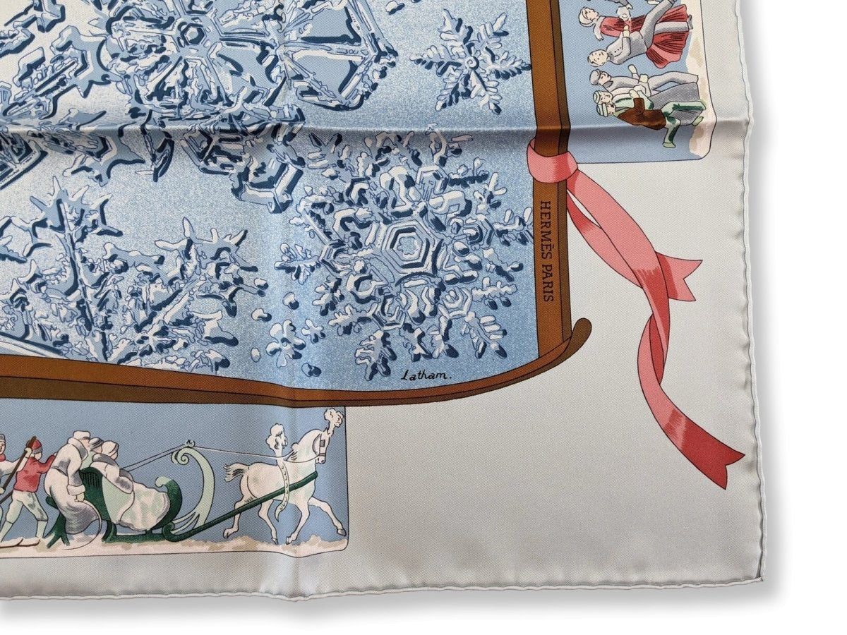 Hermes 2002 Bleu Clair/Blanc/Ciel NEIGE D'ANTAN by Caty Latham with Blanc Matt Overprint Twill 90, BNWT!
