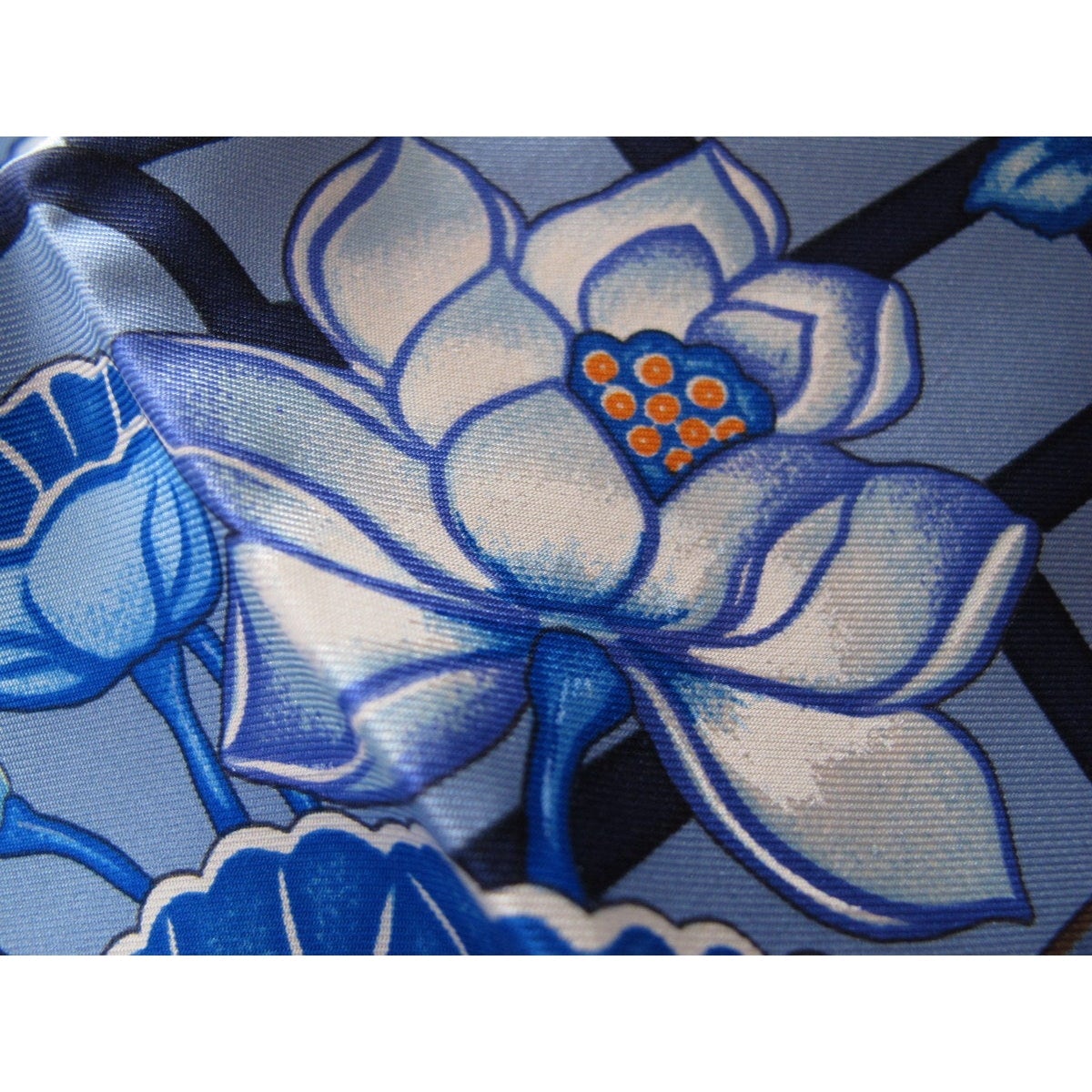 Hermes 2002 Blue Orange Turandot by N. Hidaka Blanc Matte Overlay Twill 90, New! - poupishop