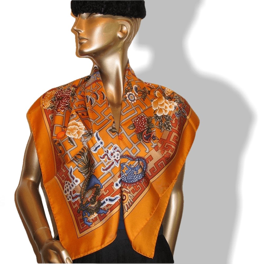 Hermes 2002 Orange Blue Turandot by N. Hidaka Blanc Matte Overlay Twill 90, Mint!