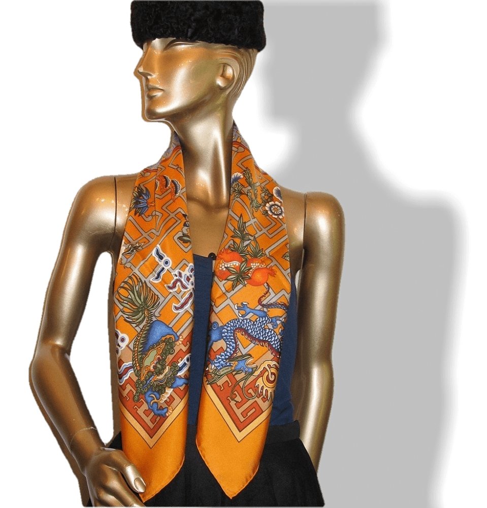 Hermes 2002 Orange Blue Turandot by N. Hidaka Blanc Matte Overlay Twill 90, Mint!