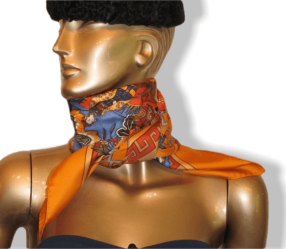 Hermes 2002 Orange Blue Turandot by N. Hidaka Blanc Matte Overlay Twill 90, Mint!