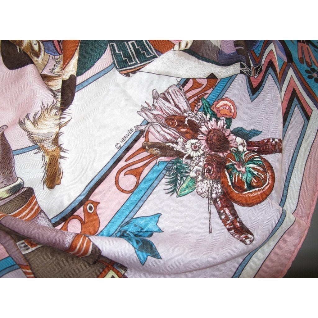 Hermes 2004 Baby Pink Kachinas by Kermit Oliver Cashmere Shawl 140, Box! - poupishop