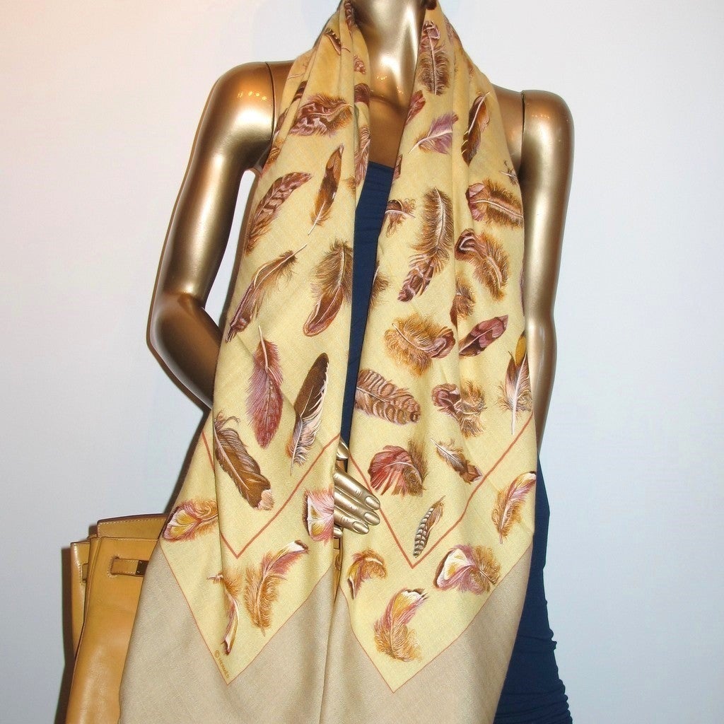 Hermes 2004 Beige Banana PLumes cashmere shawl