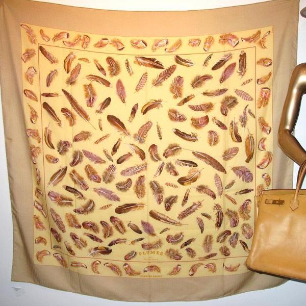 Hermes 2004 Beige Banana PLumes cashmere shawl