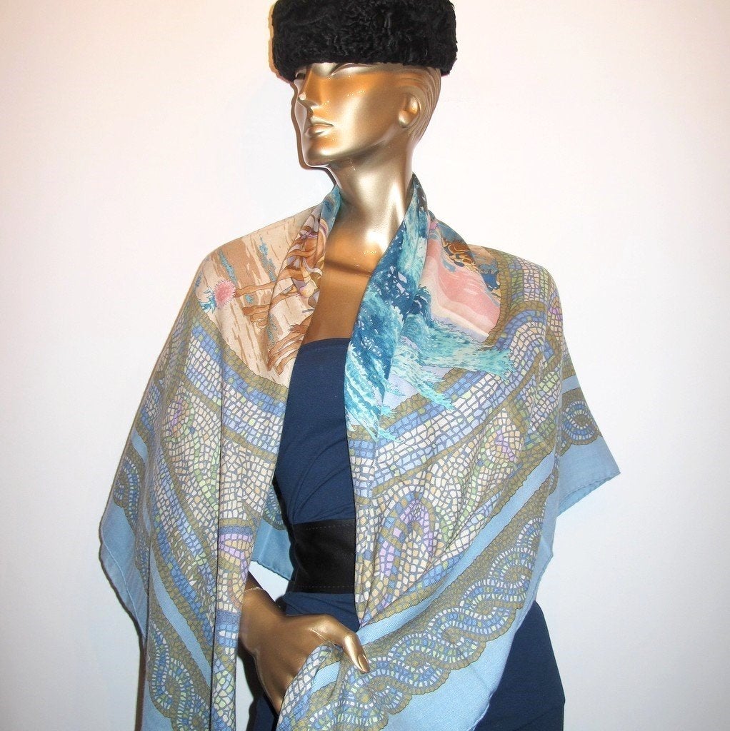 Hermes 2004 Blue Rose Sous le Cedre Shawl 140