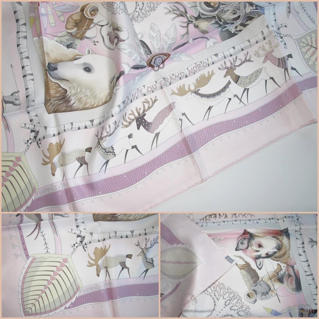 Hermes 2004 Rose Vie du Grand Nord carre scarf Twill