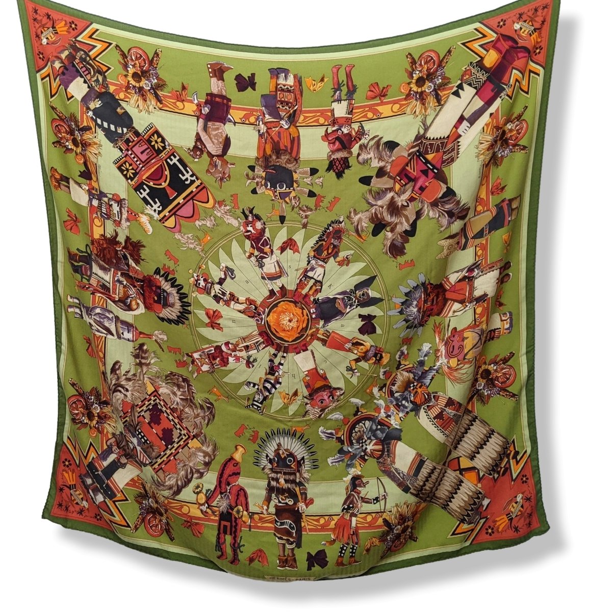 Hermes 2004 Green/Celadon/Orange Kachinas by Kermit Oliver Blanc Matt Overprint Cashmere Shawl 140, Rare!