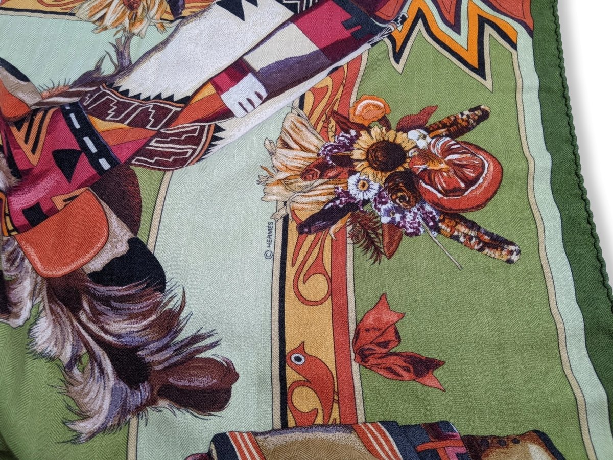 Hermes 2004 Green/Celadon/Orange Kachinas by Kermit Oliver Blanc Matt Overprint Cashmere Shawl 140, Rare!