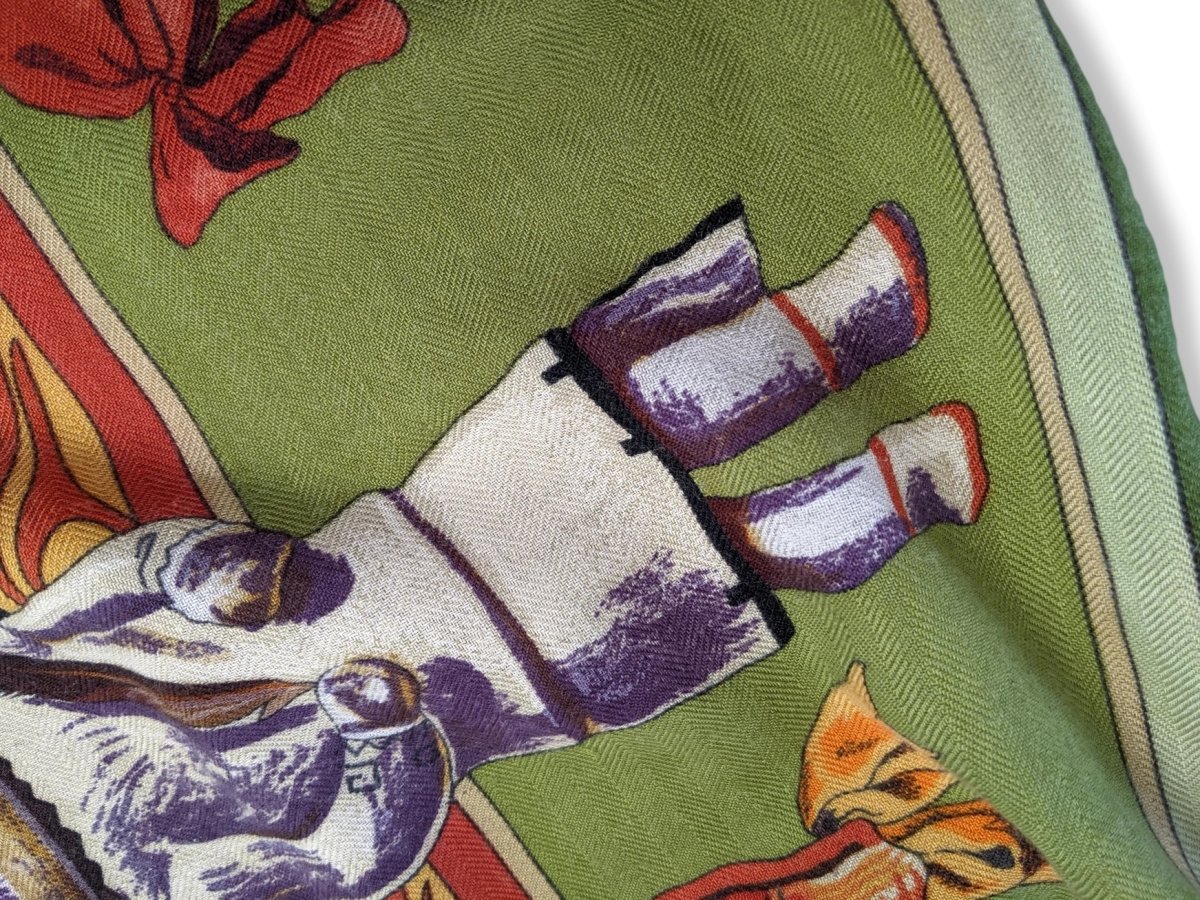 Hermes 2004 Green/Celadon/Orange Kachinas by Kermit Oliver Blanc Matt Overprint Cashmere Shawl 140, Rare!