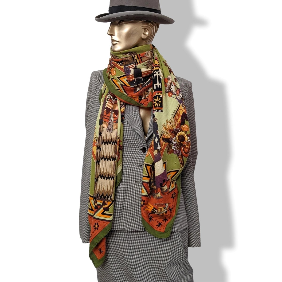 Hermes 2004 Green/Celadon/Orange Kachinas by Kermit Oliver Blanc Matt Overprint Cashmere Shawl 140, Rare!