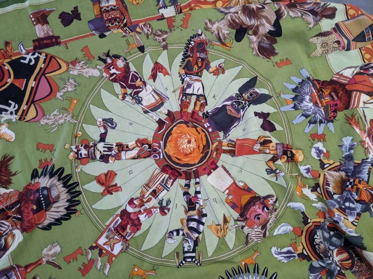 Hermes 2004 Green/Celadon/Orange Kachinas by Kermit Oliver Blanc Matt Overprint Cashmere Shawl 140, Rare!