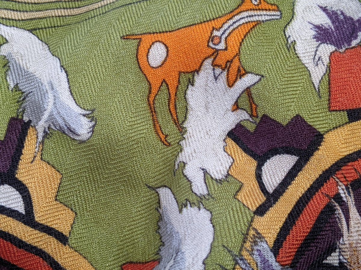 Hermes 2004 Green/Celadon/Orange Kachinas by Kermit Oliver Blanc Matt Overprint Cashmere Shawl 140, Rare!