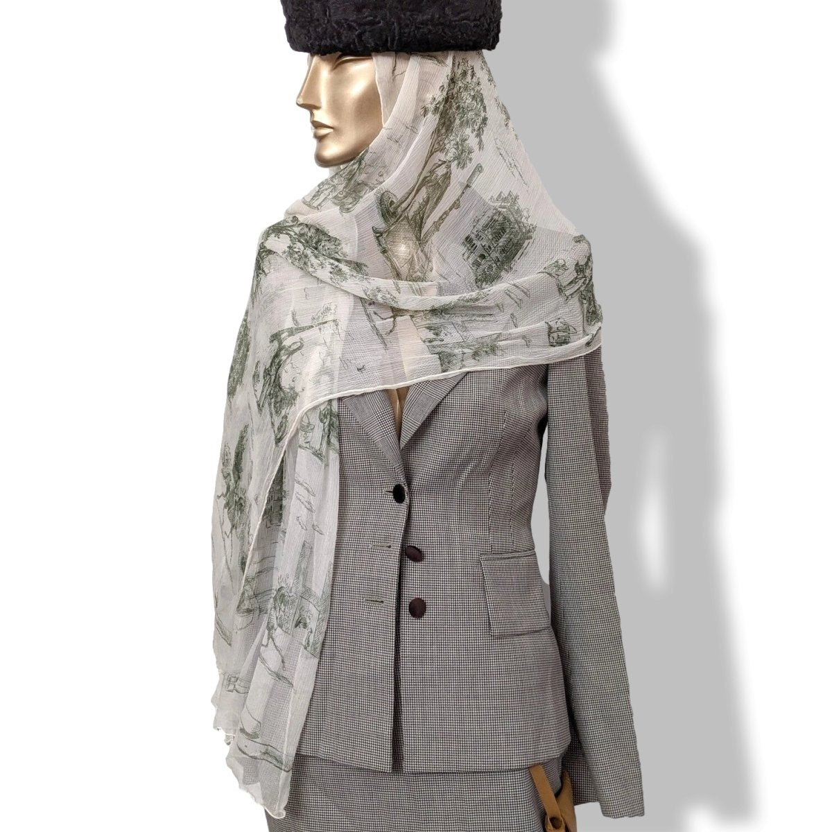 Hermes 2005 Blanc/Vert Foncé TOILE by Sophie de Seynes Mousseline Silk Etole Stole
