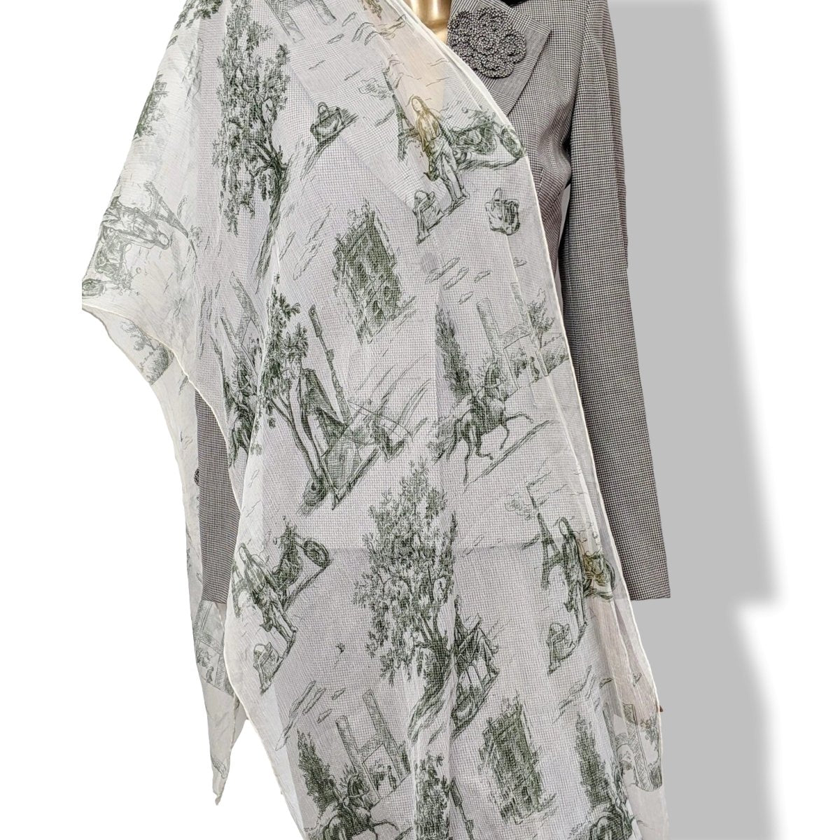 Hermes 2005 Blanc/Vert Foncé TOILE by Sophie de Seynes Mousseline Silk Etole Stole