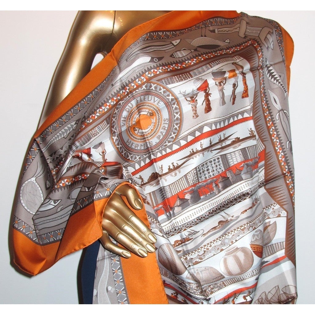 Hermes 2005 Orange Etoupe cw13 Etoupe Vie du Fleuve Twill 90 New!