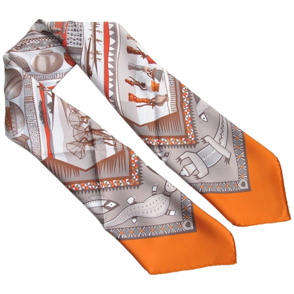 Hermes 2005 Orange/Etoupe "La Vie du Fleuve" by Aline Honore Twill 90cm