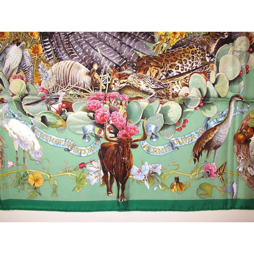 Hermes 2005 Limited Issue Museum of Fine Arts Faune et Flore du Texas Blanc Matte Overlay Twill 90, Rare! - poupishop