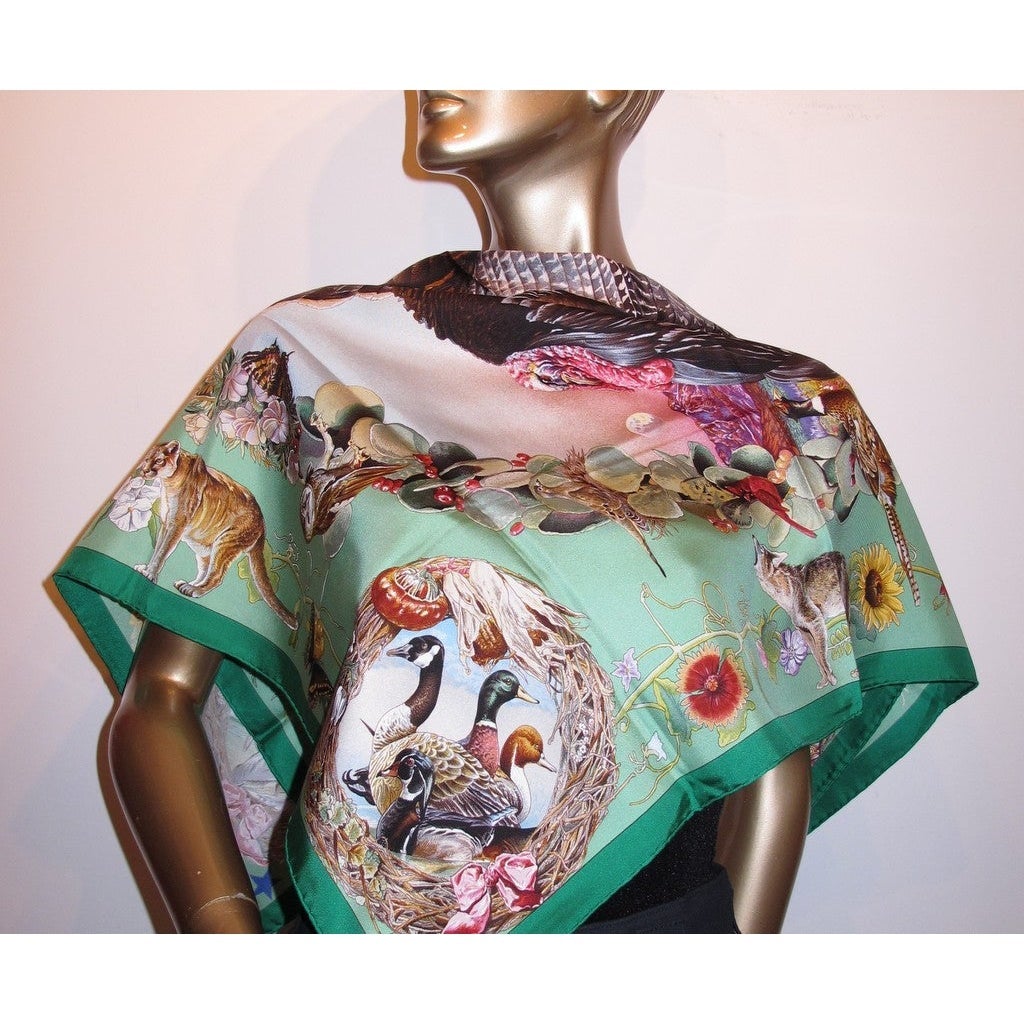 Hermes 2005 Limited Issue Museum of Fine Arts Faune et Flore du Texas Blanc Matte Overlay Twill 90, Rare! - poupishop