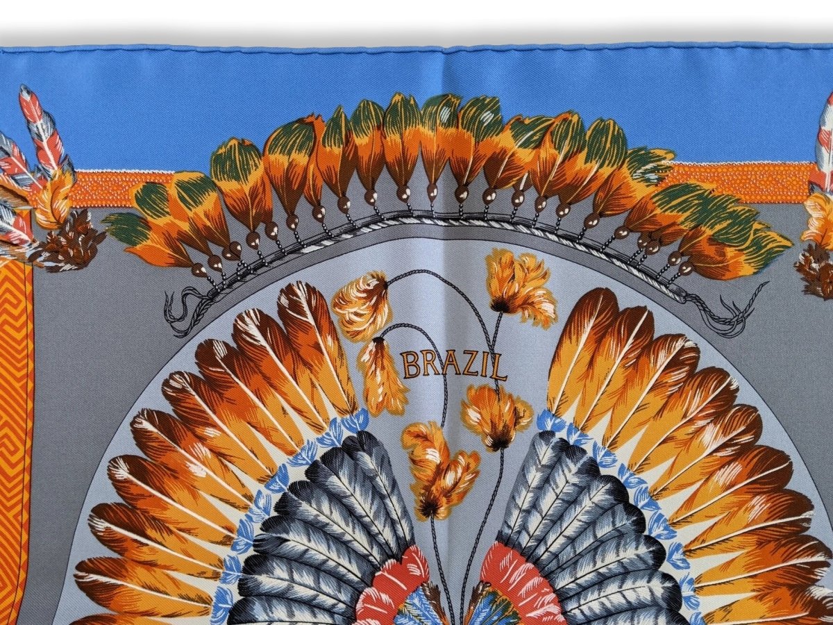Hermes 2006 Bleu/Orange Brazil by Laurence Bourthoumieux Gavroche Twll Silk 45 cm