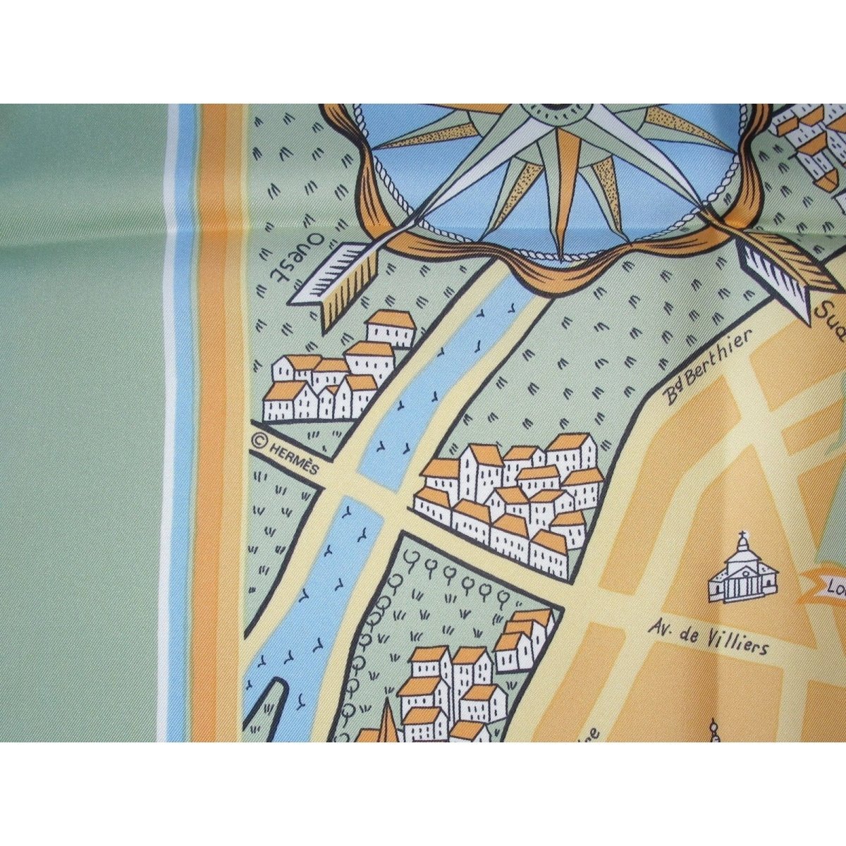 Hermes 2006 Green Les Amoureux de Paris by Maurice Tranchant Twill Scarf 90cm - poupishop