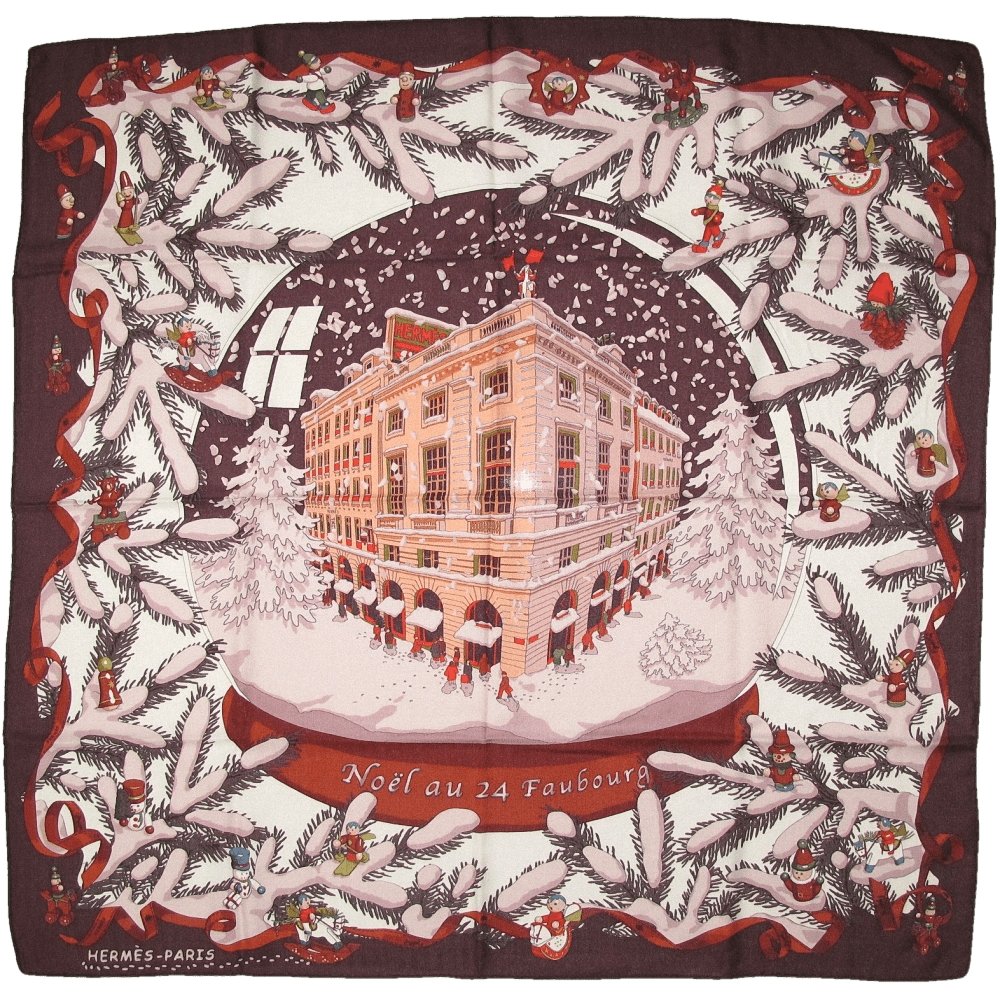 Hermes 2006 Lie de Vin Pink Noel au 24 Faubourg by Dimitri Rybaltchenko Cashmere 90cm, Grail in Box! - poupishop