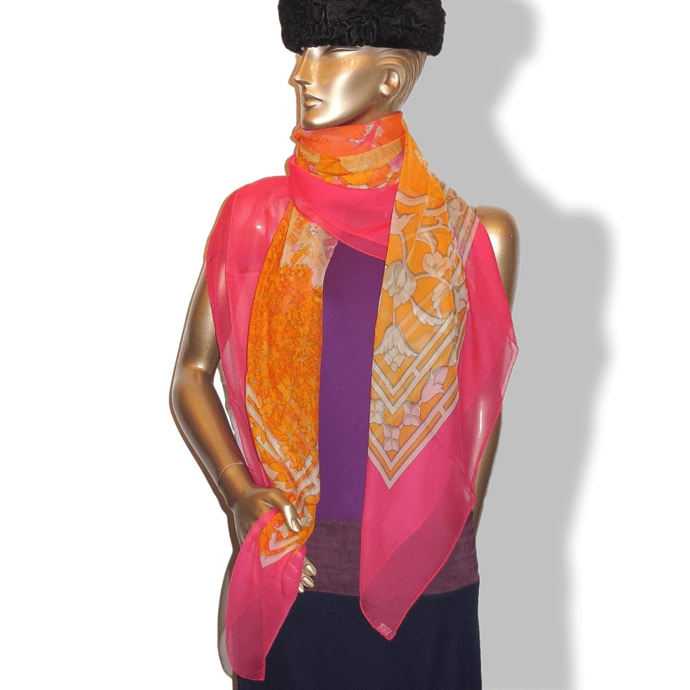 Hermes 2006 Pink Orange Le Fleuve Sacre by Catherine Baschet Mousseline 140, NIB! - poupishop