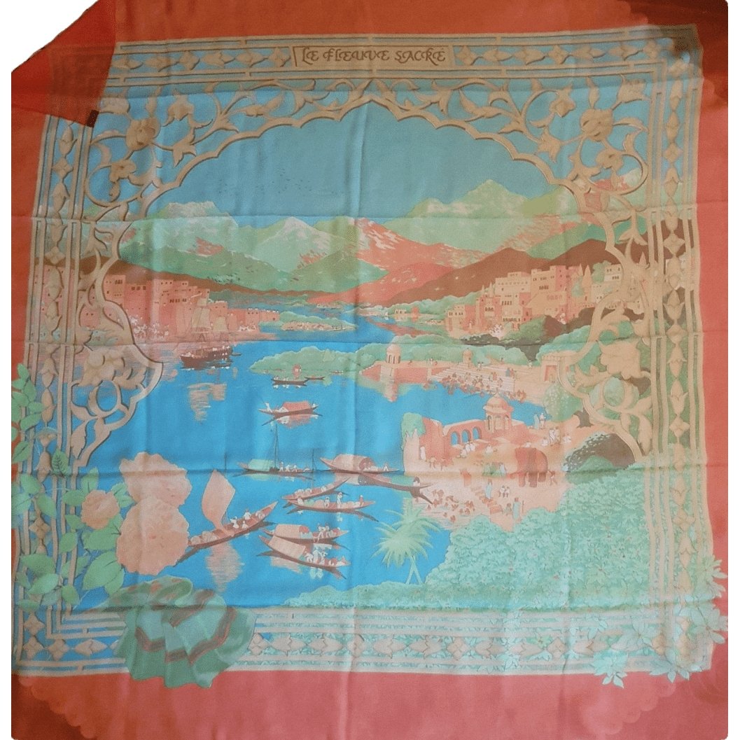 Hermes 2006 Red Blue Green Le Fleuve Sacre Mousseline 140, NIB! - poupishop