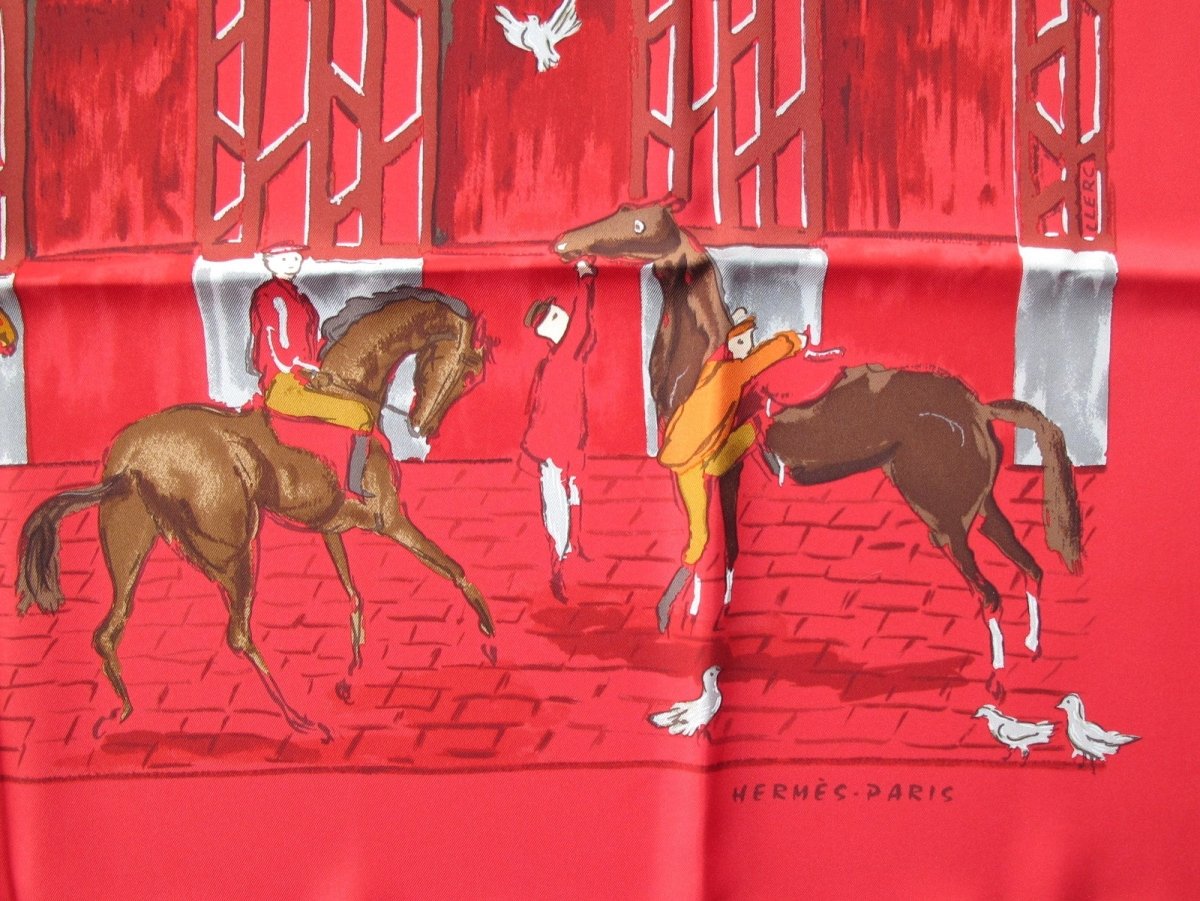 Hermes 2006 Red Raspberry BOXES by Jean-Louis Clerc Twill Silk 90cm, New! - poupishop