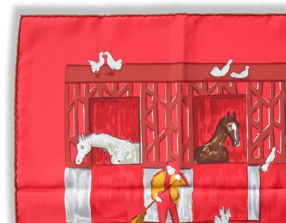 Hermes 2006 Red Raspberry BOXES by Jean-Louis Clerc Twill Silk 90cm, New! - poupishop