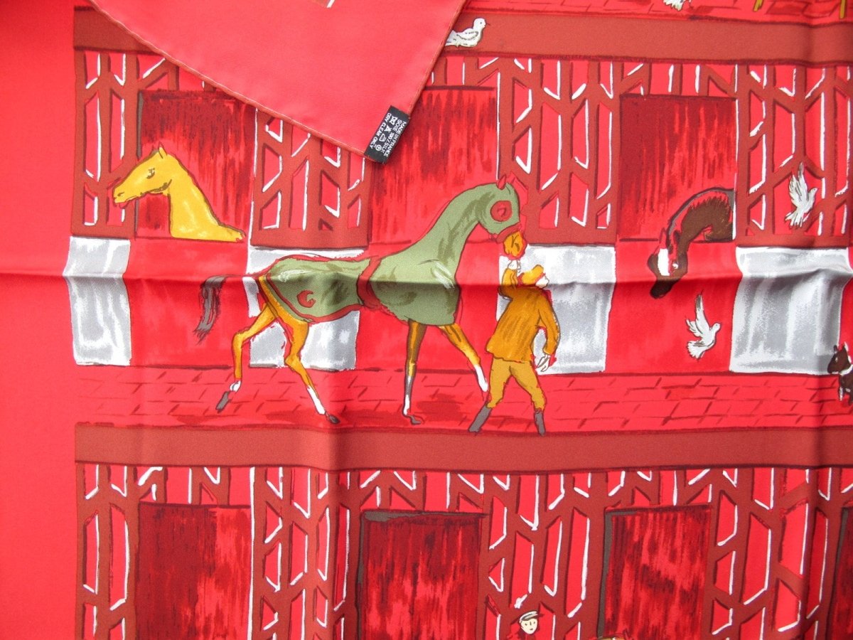 Hermes 2006 Red Raspberry BOXES by Jean-Louis Clerc Twill Silk 90cm, New! - poupishop