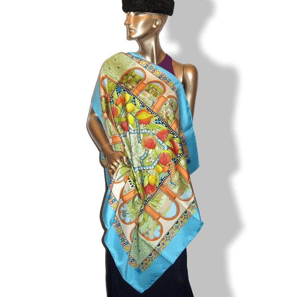 Hermes 2006 Turquoise Jardins d'Andalousie by Aline Honore Twill 90cm, New! - poupishop