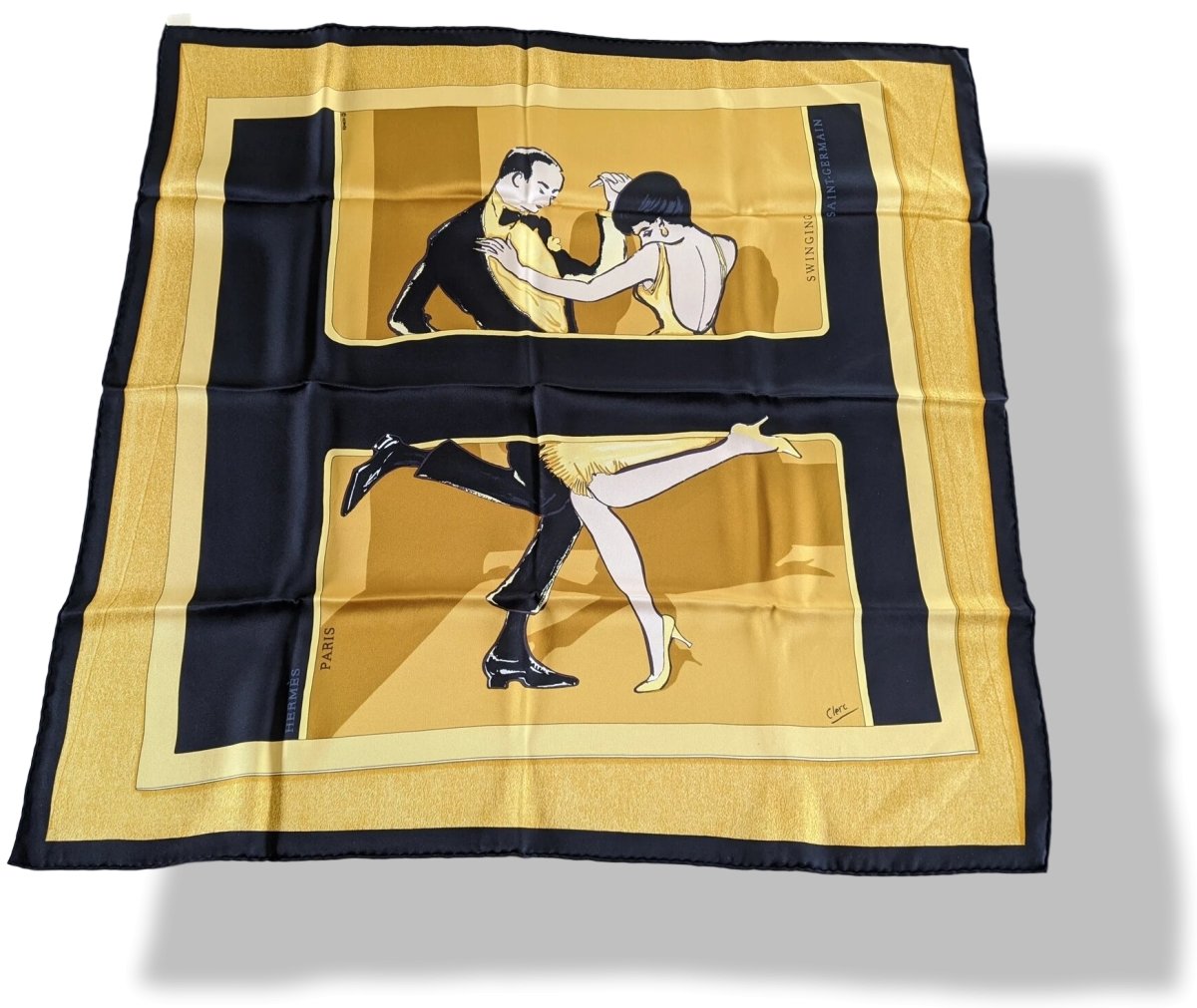 Hermes 2007 Black/Gold SWINGING SAINT GERMAIN Vintage Silk Carre 70 cm, BNWT - poupishop