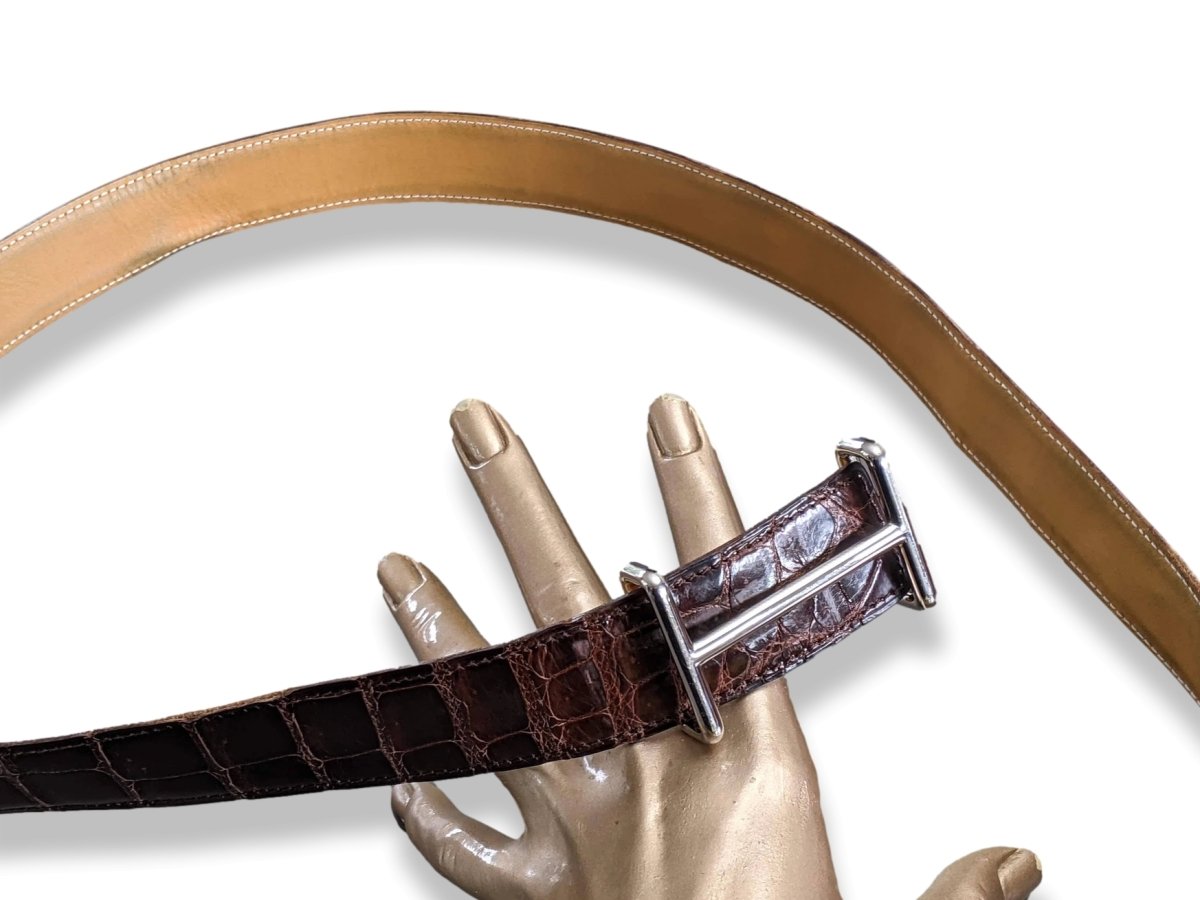 Hermes 2007 Brown/Natural Crocodile Alligator Reversible Strap Belt 32 MM Sz 100, Used! - poupishop