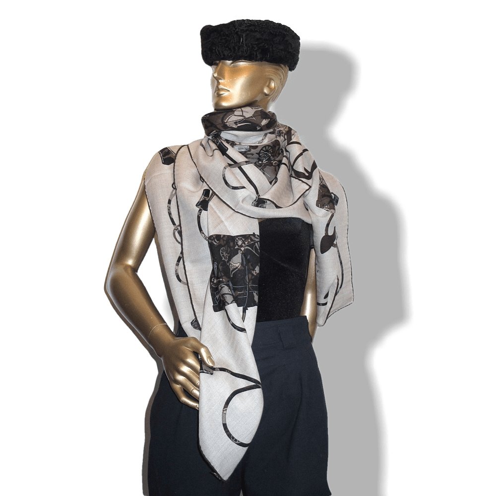 Hermes 2007 Natural Black Brown Kelly en Caleche Cashmere Shawl 140