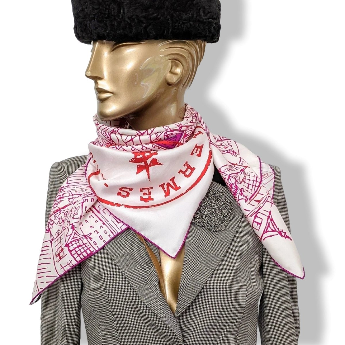 Hermes 2007 Blanc/Rouge/Violet DE PASSAGE A TOKYO Opening Store Twill Scarf 90