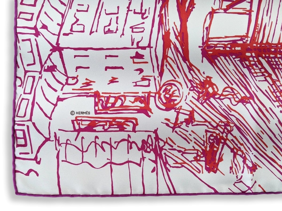 Hermes 2007 Blanc/Rouge/Violet DE PASSAGE A TOKYO Opening Store Twill Scarf 90
