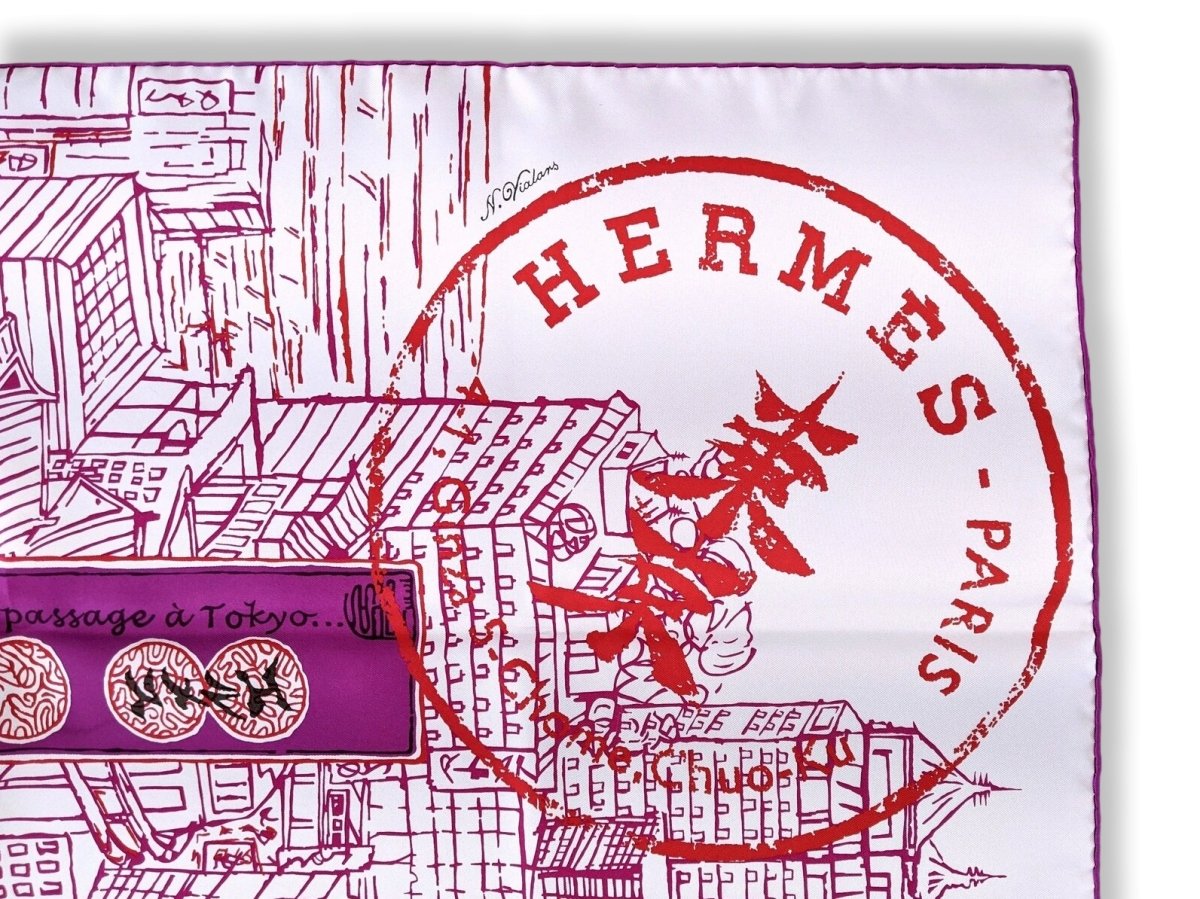 Hermes 2007 Blanc/Rouge/Violet DE PASSAGE A TOKYO Opening Store Twill Scarf 90