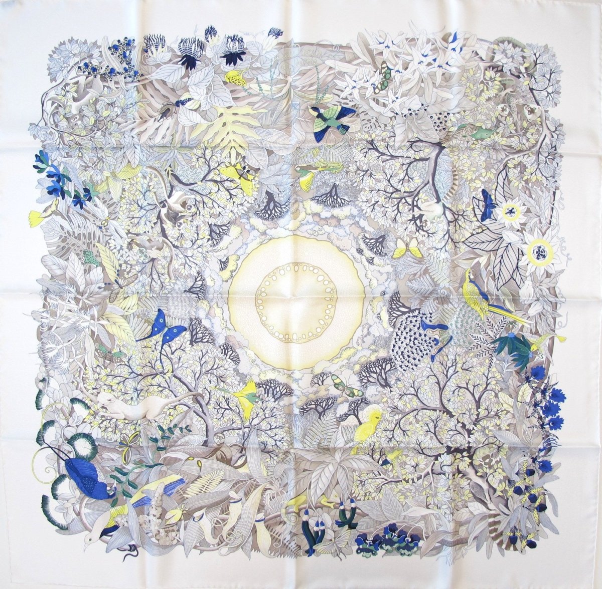 Hermes 2007 White Blue Yellow Au Coeur de la Vie by Aline Honore Twill 90cm  Scarf New! | poupishop