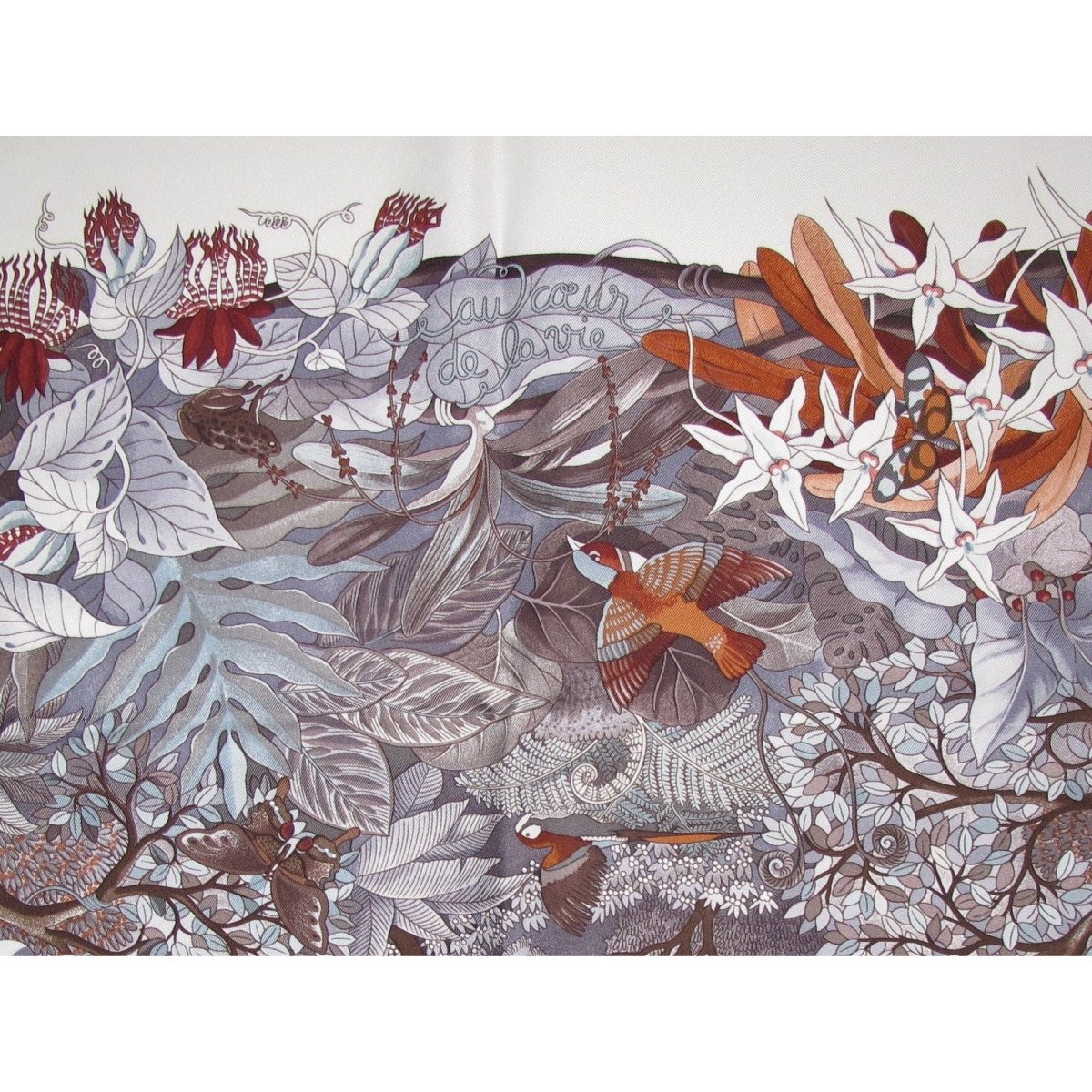Hermes 2007 White Grey Etoupe Au Coeur de la Vie by Aline Honore Twill 90 Scarf - poupishop