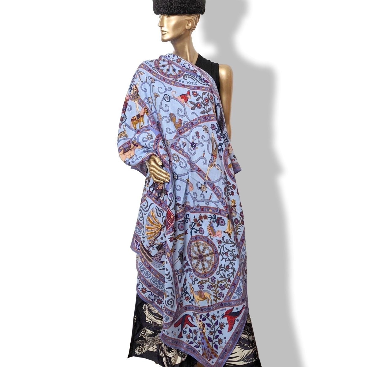 Hermes 2009 Bleu Ciel/Parme PEUPLE DU VENT by Christine Henry Cashmere Shawl 140, New!