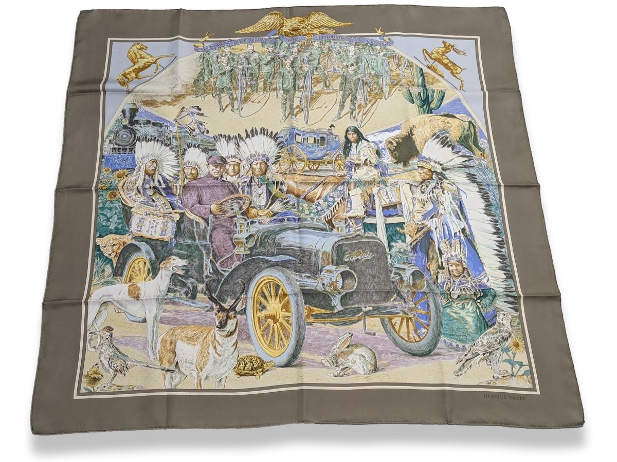 Hermes 2009 Taupe CONCOURS D'ELEGANCE, 1885 LIMOUSINES DE VOYAGE by Kermit Oliver Blanc Matte Overlay Twill 90cm - poupishop