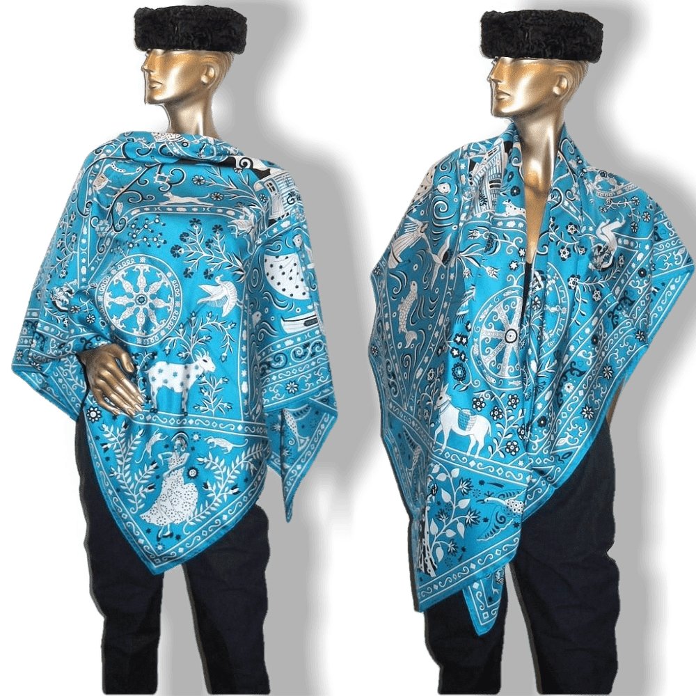 Hermes 2009 Turquoise Peuple du Vent Silk Shawl 140, New! - poupishop
