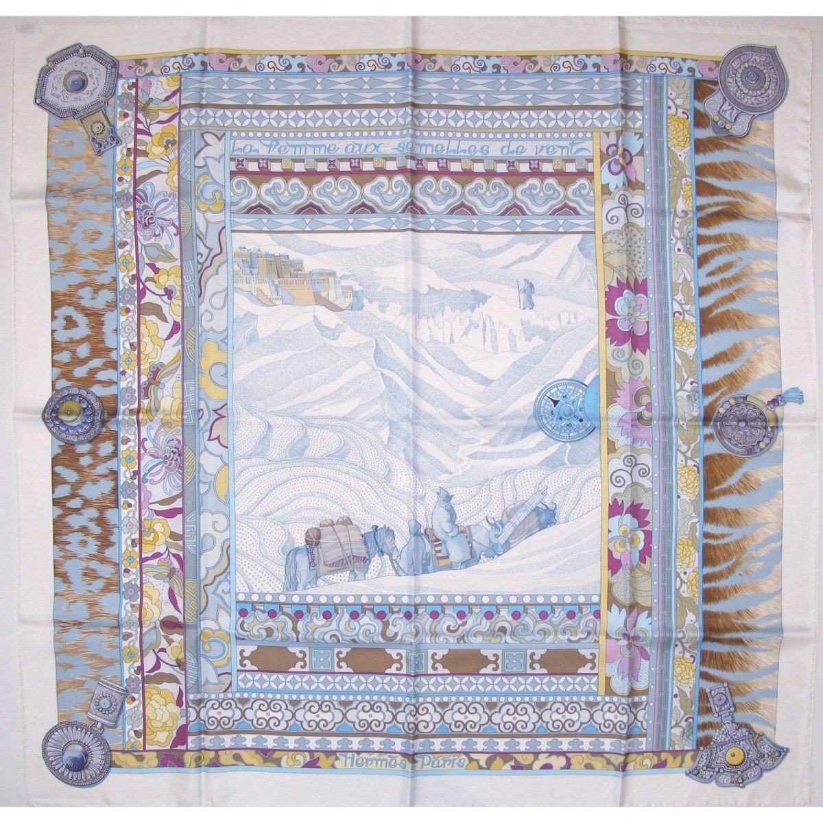Hermes 2009 White, Bleu acier, Rose La Femme aux semelles de Vent Twill 90cm - poupishop