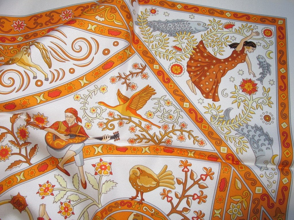 Hermes 2009 White/Orange Peuple du Vent Twill 90cm, New! - poupishop